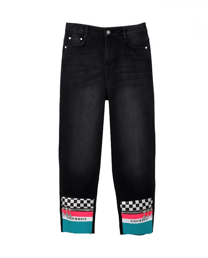 Pantaloni da donna a vita alta a gamba dritta Jeans a contrasto con cuciture a scacchiera