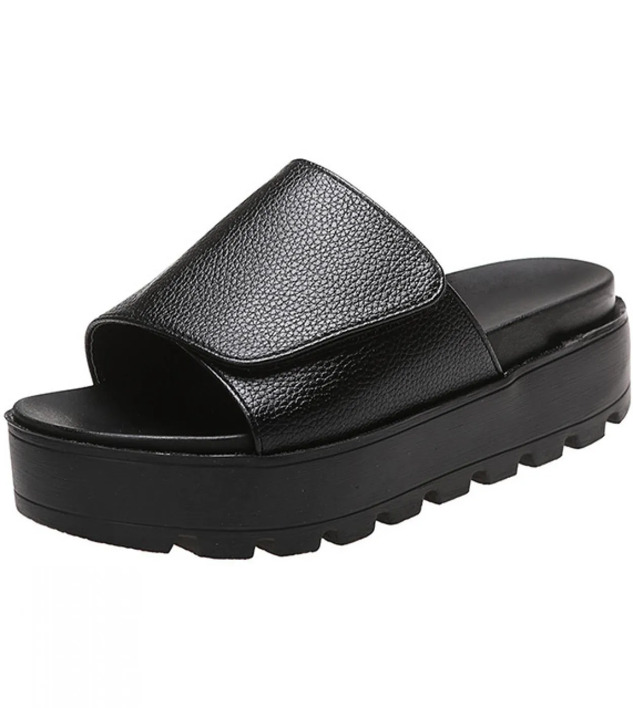 Pantofole in pelle da donna con plateau sandali con plateau neri da donna in pelle sintetica nera