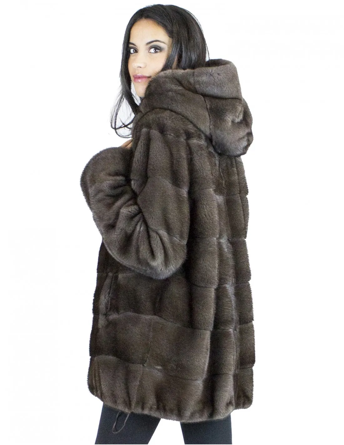 Pelliccia visone marrone brown ganci 46 cappuccio fur mink норка Nerzpelzes fourrure vison 