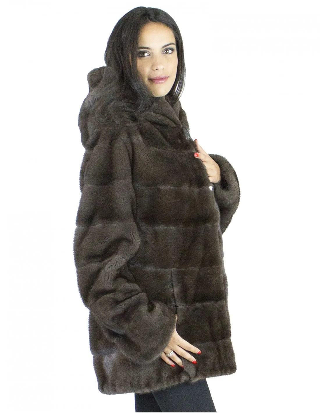 Pelliccia visone marrone brown ganci 46 cappuccio fur mink норка Nerzpelzes fourrure vison 