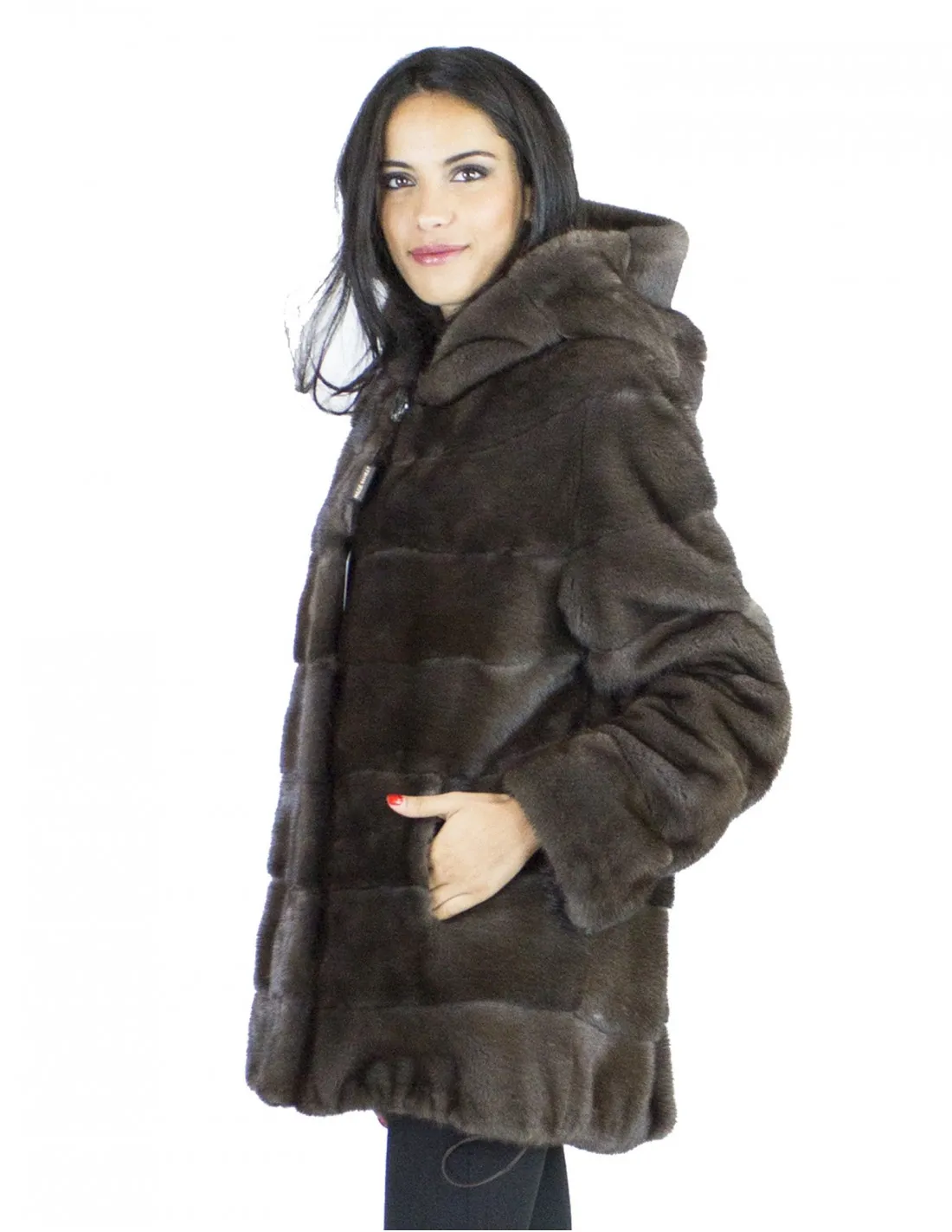 Pelliccia visone marrone brown ganci 46 cappuccio fur mink норка Nerzpelzes fourrure vison 