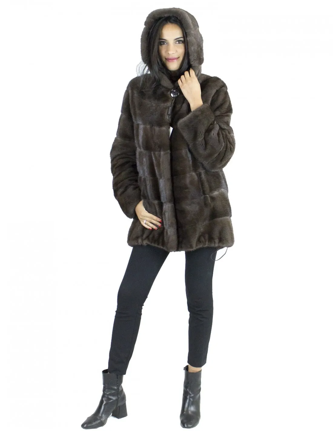Pelliccia visone marrone brown ganci 46 cappuccio fur mink норка Nerzpelzes fourrure vison 
