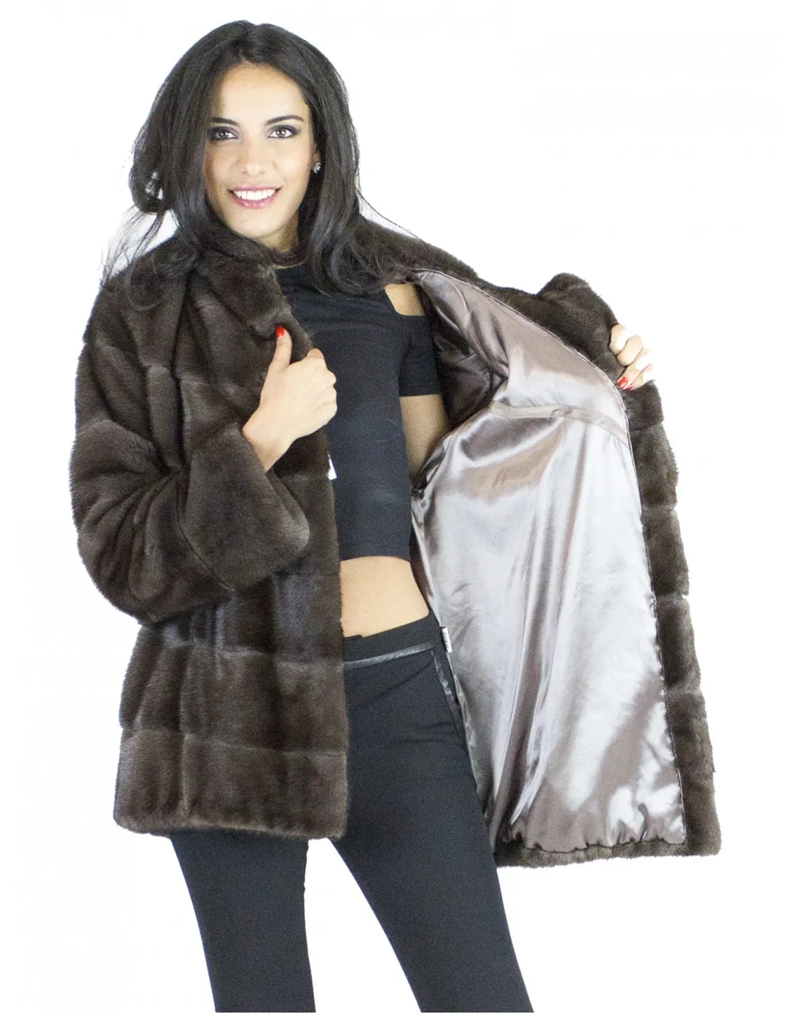 Pelliccia visone marrone brown ganci 46 cappuccio fur mink норка Nerzpelzes fourrure vison 
