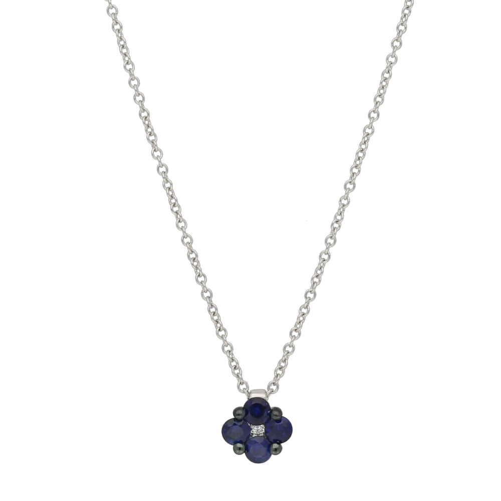 Pendente a forma di fiore con zaffiri blu ct. 0,38 e diamante ct.0,02