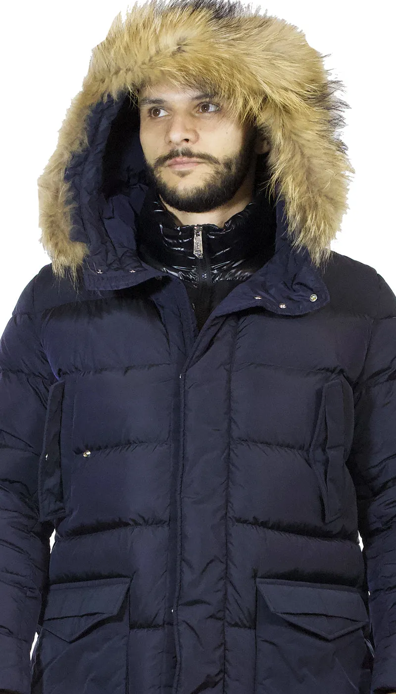 Piumino lungo uomo Add blu con pettorina e cappuccio di pelliccia staccabile