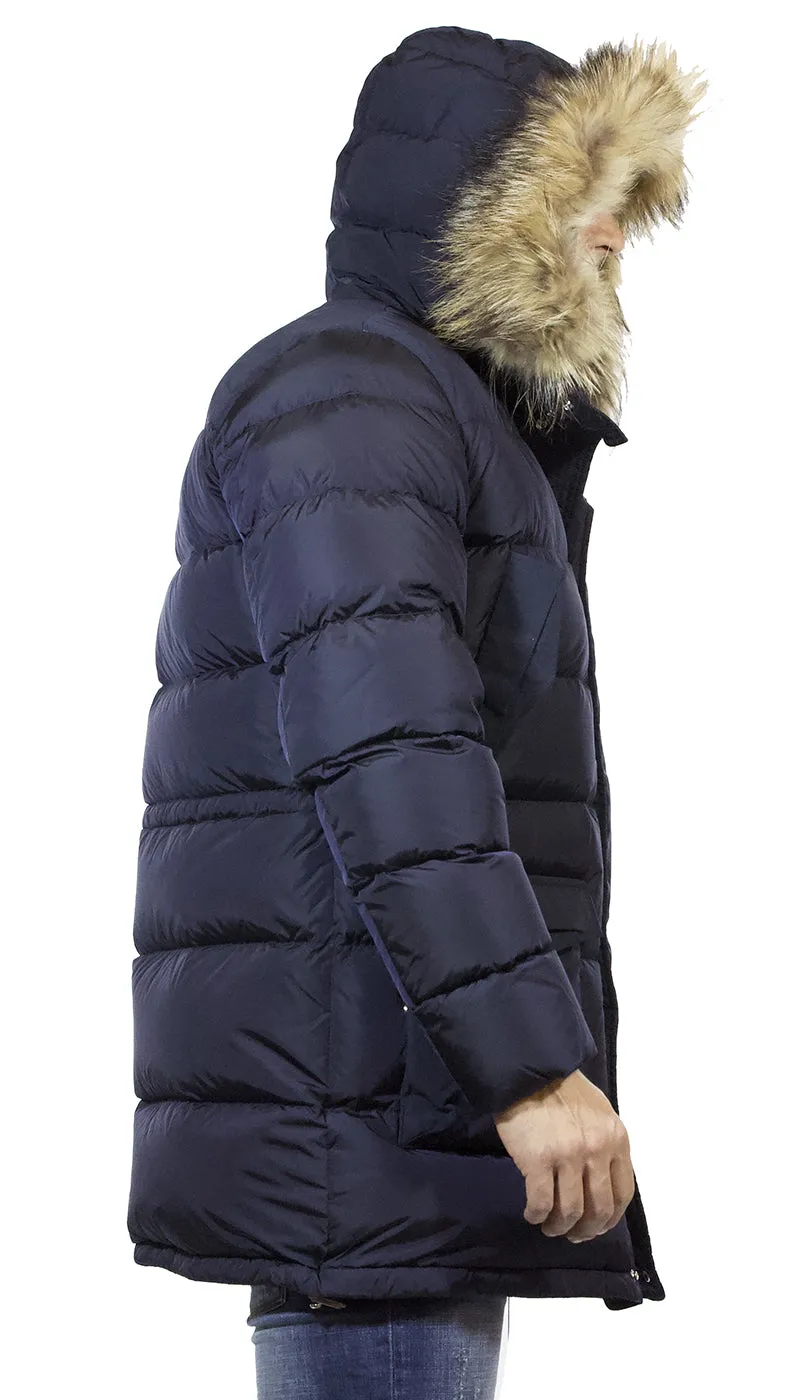Piumino lungo uomo Add blu con pettorina e cappuccio di pelliccia staccabile