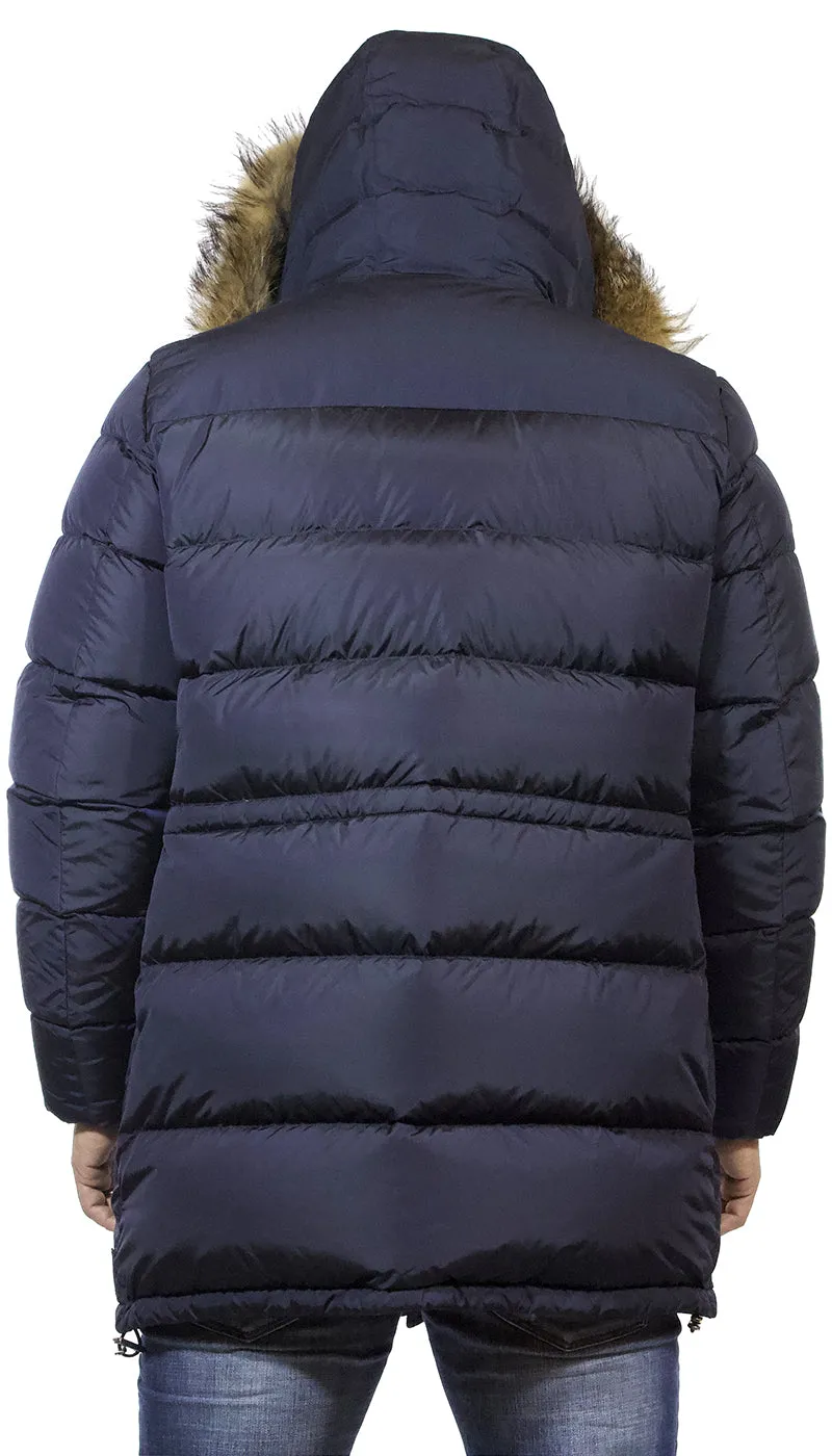 Piumino lungo uomo Add blu con pettorina e cappuccio di pelliccia staccabile