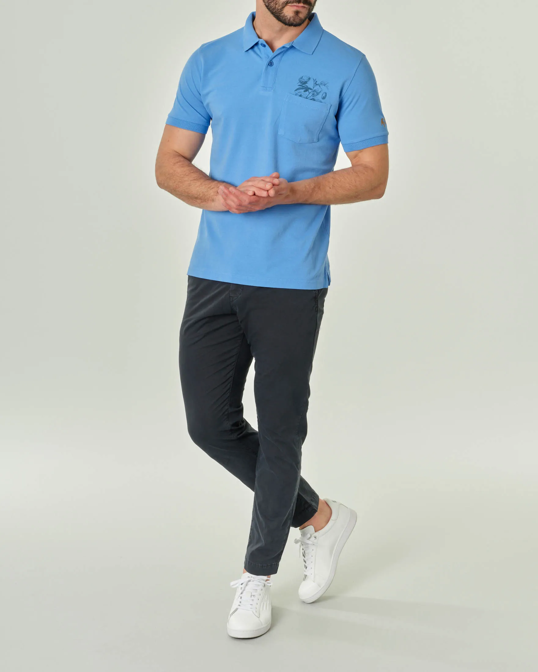 Polo celeste mezza manica con taschino in pima cotton