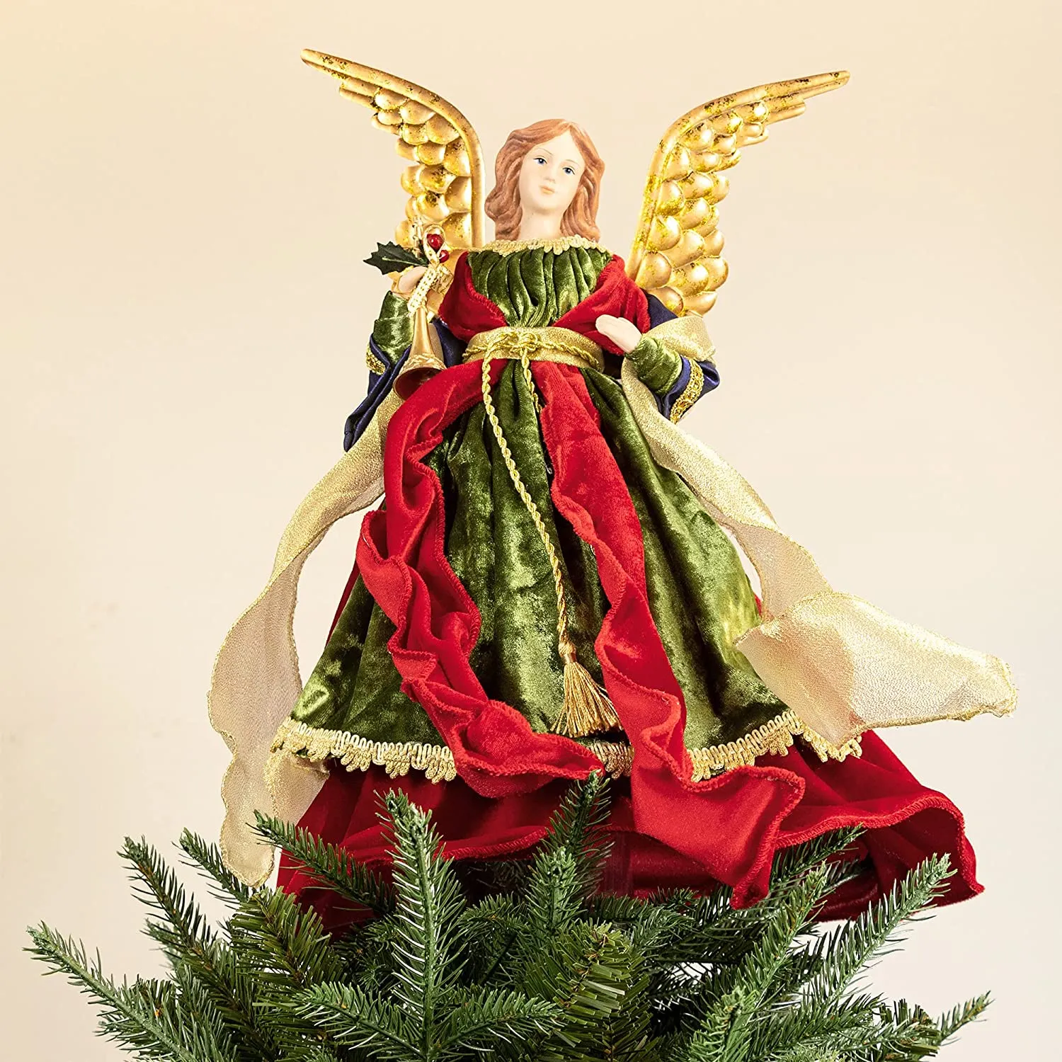 puntale albero natale angelo a forma di angelo, 45cm, rosso e verde Angelo albero di Natale in alto, per decorazioni albero di N