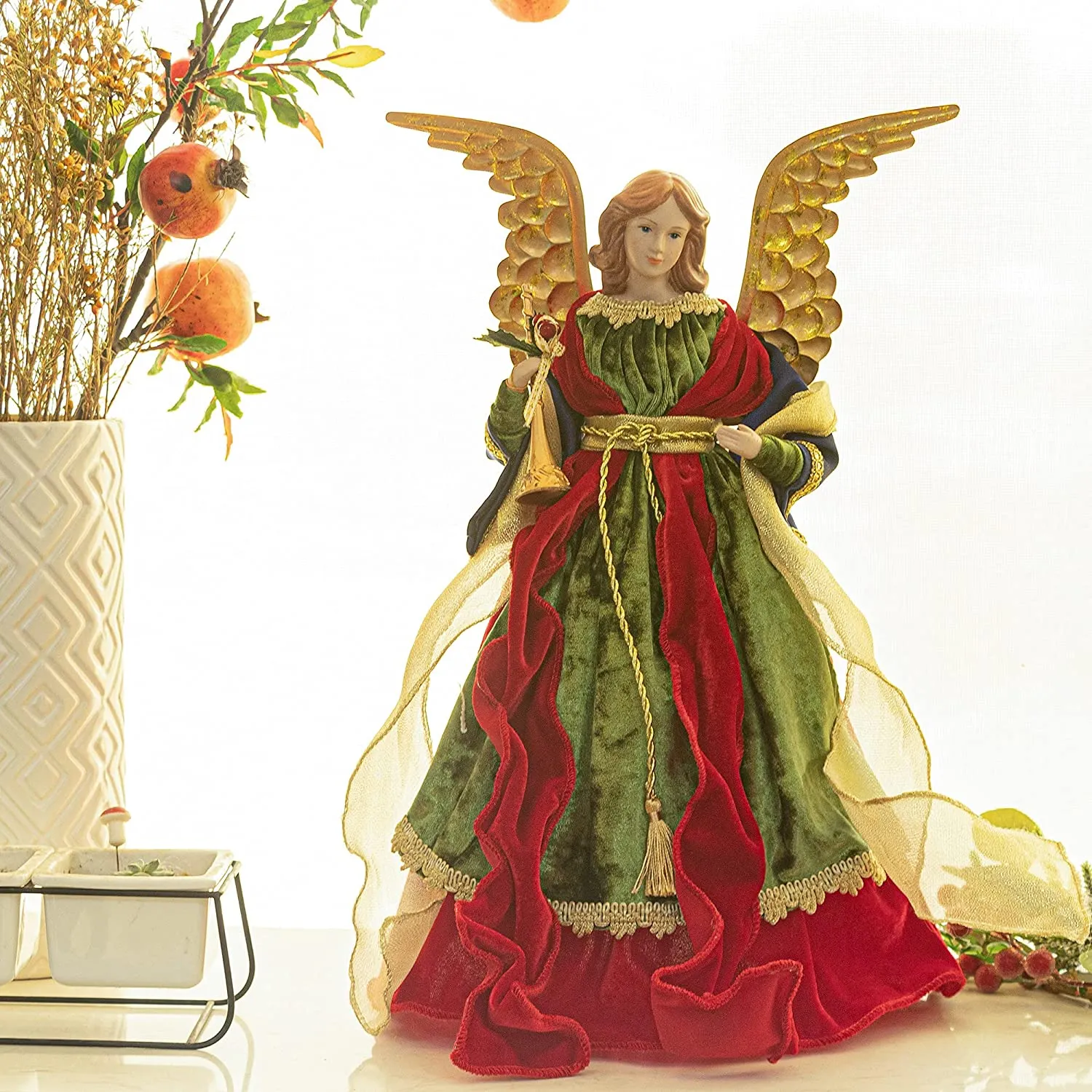 puntale albero natale angelo a forma di angelo, 45cm, rosso e verde Angelo albero di Natale in alto, per decorazioni albero di N