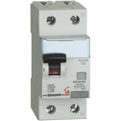 RCBO Bticino GC8813AC20, 2P, 20A, sensibilità 30mA