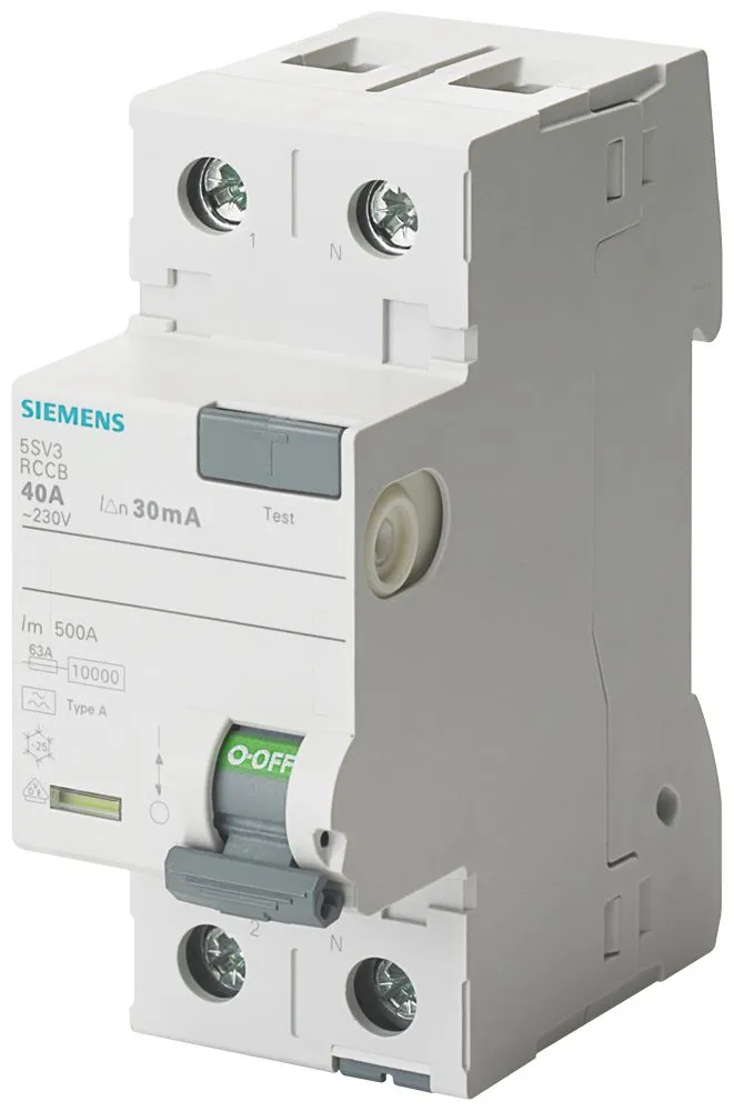 RCCB Siemens 5sV3, 2P, 63A, sensibilità 30mA, Modello F