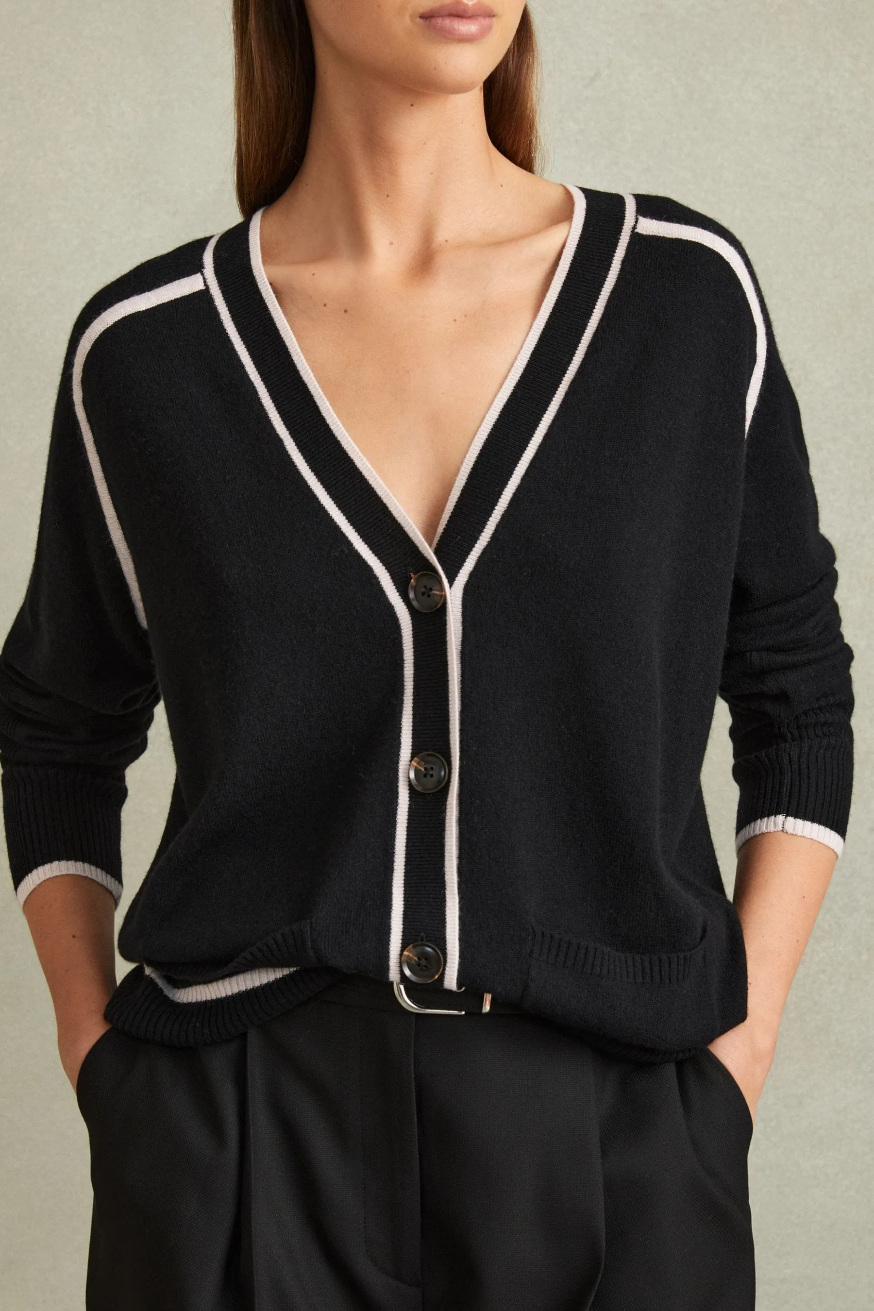 Reiss - Abi - Cardigan in Blend lana con bordi a contrasto e cachemire    