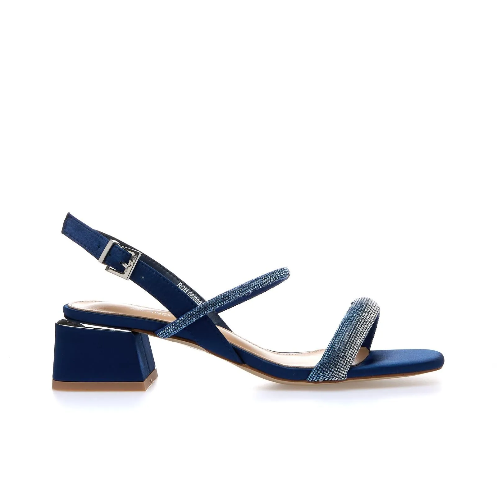 Sandali blu con tacco basso largo e cinturini con strass