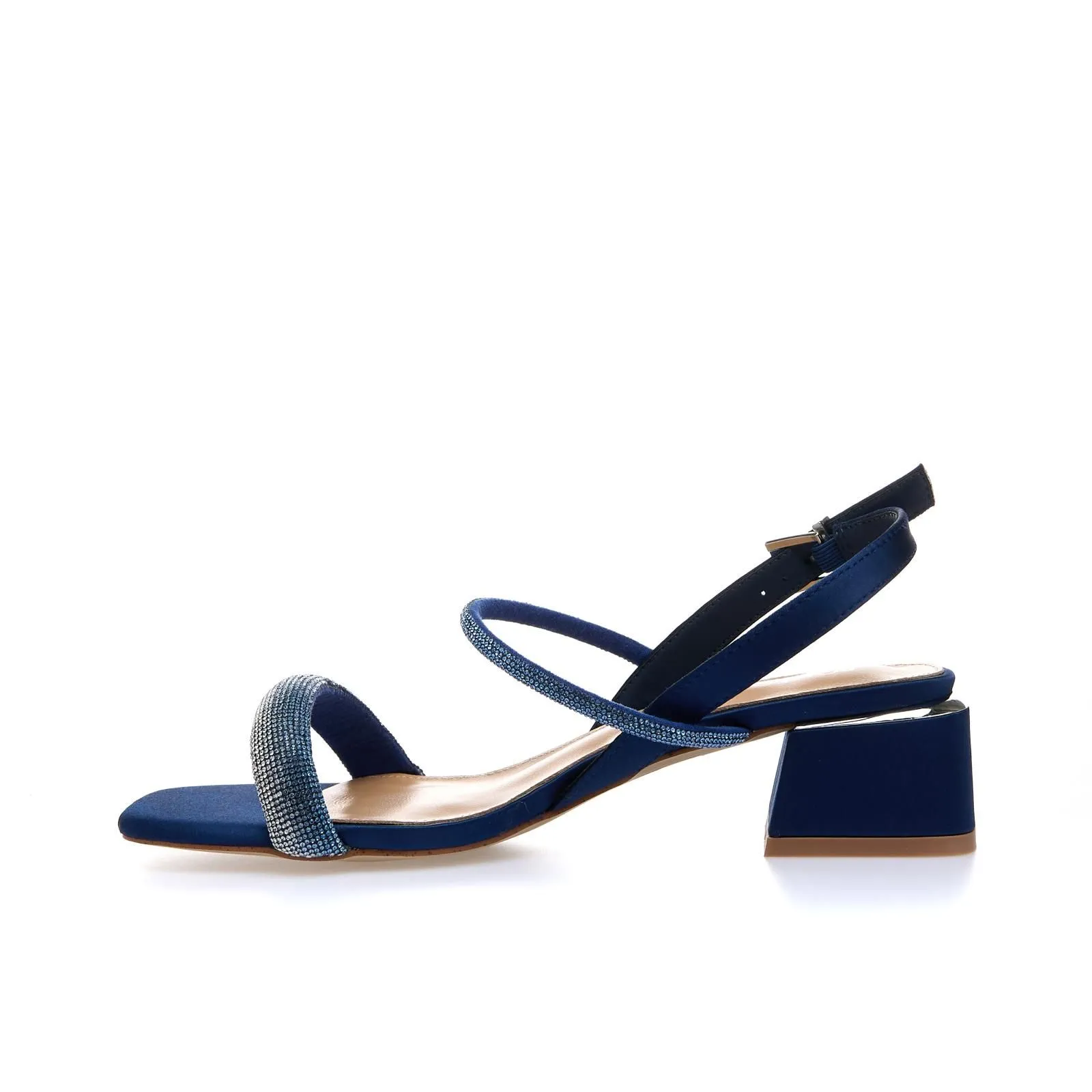 Sandali blu con tacco basso largo e cinturini con strass