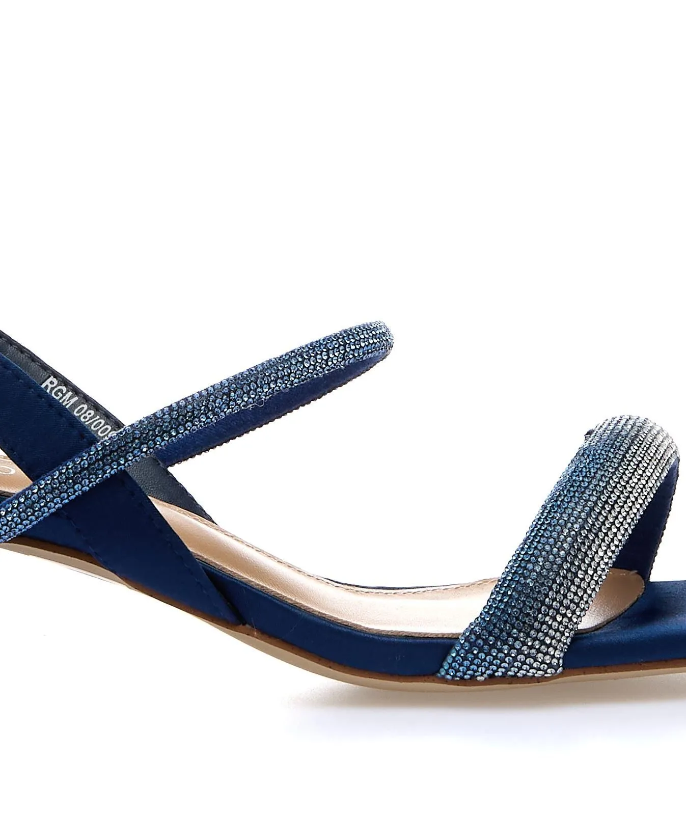 Sandali blu con tacco basso largo e cinturini con strass