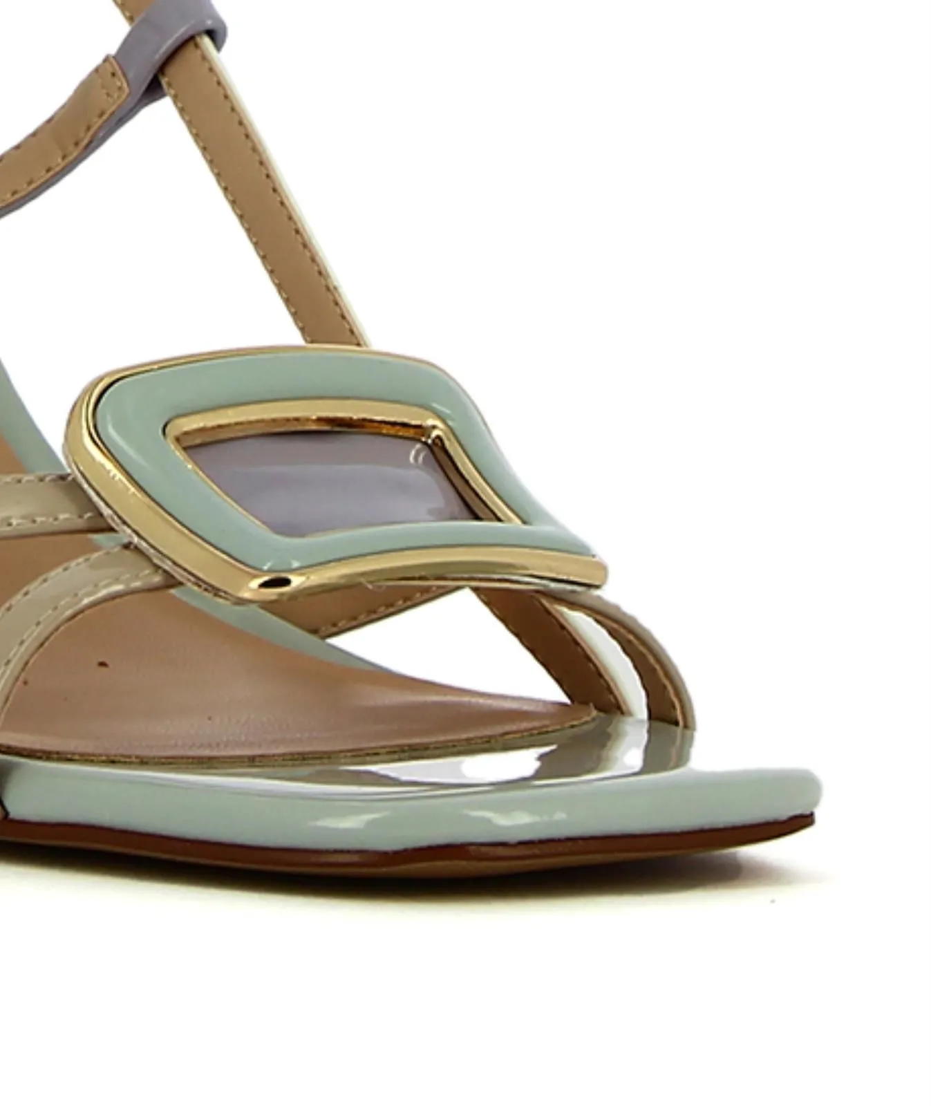 Sandali multicolor con tacco largo alto e applicazione