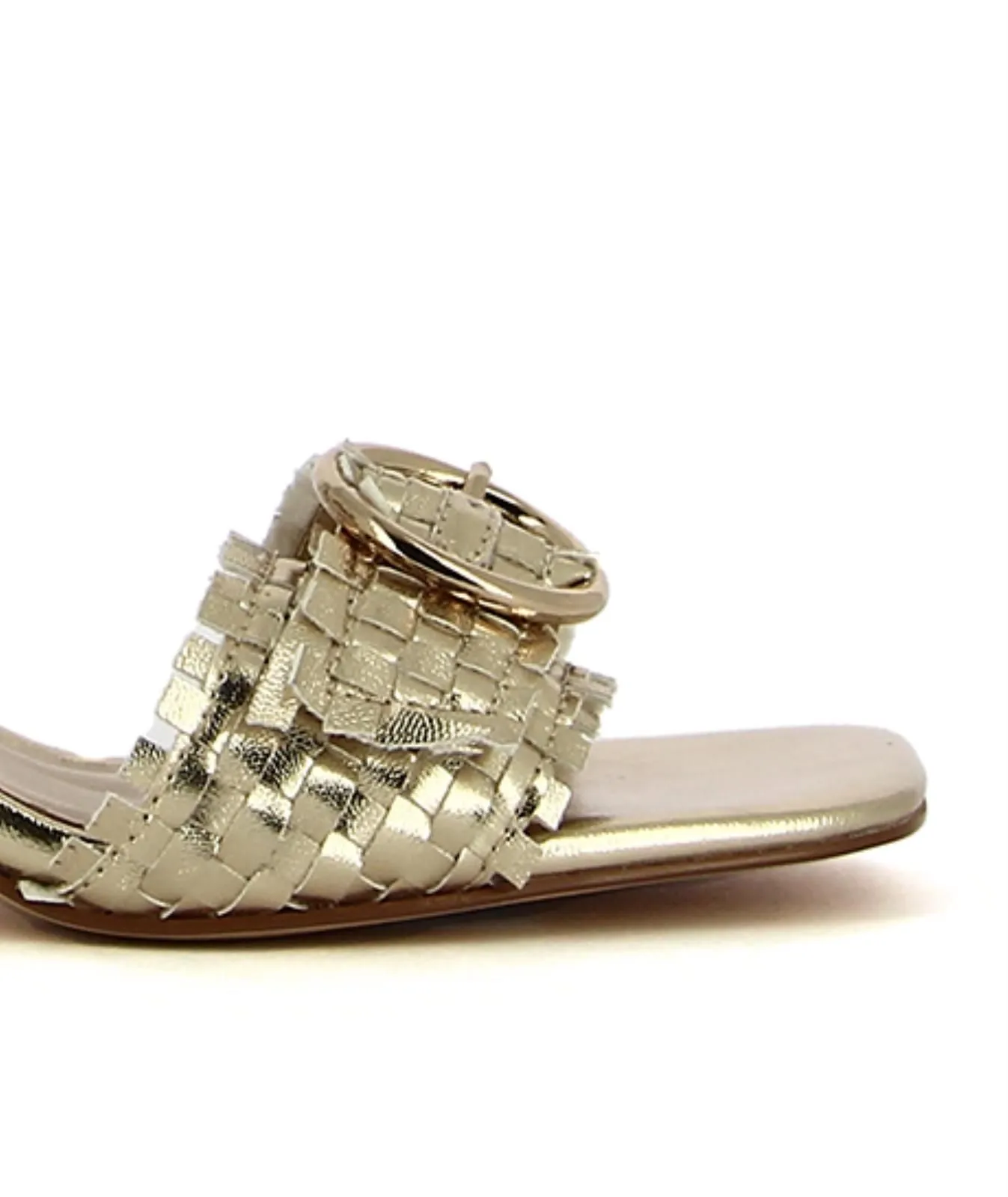 Sandali oro in pelle con tacco medio largo e fibbia intrecciata