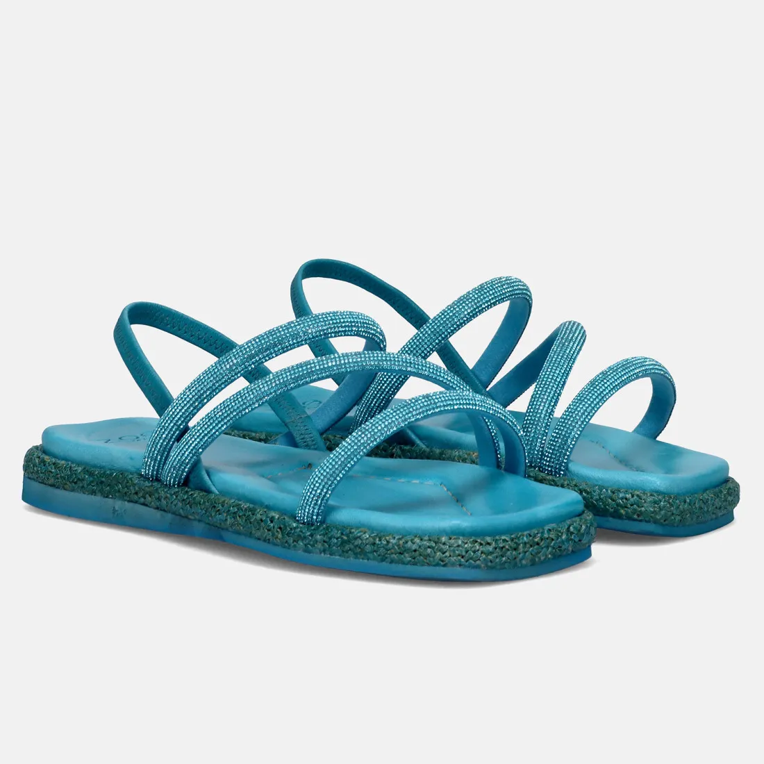 Sandali piatti Zoe Flor 02 turchesi in pelle con strass
