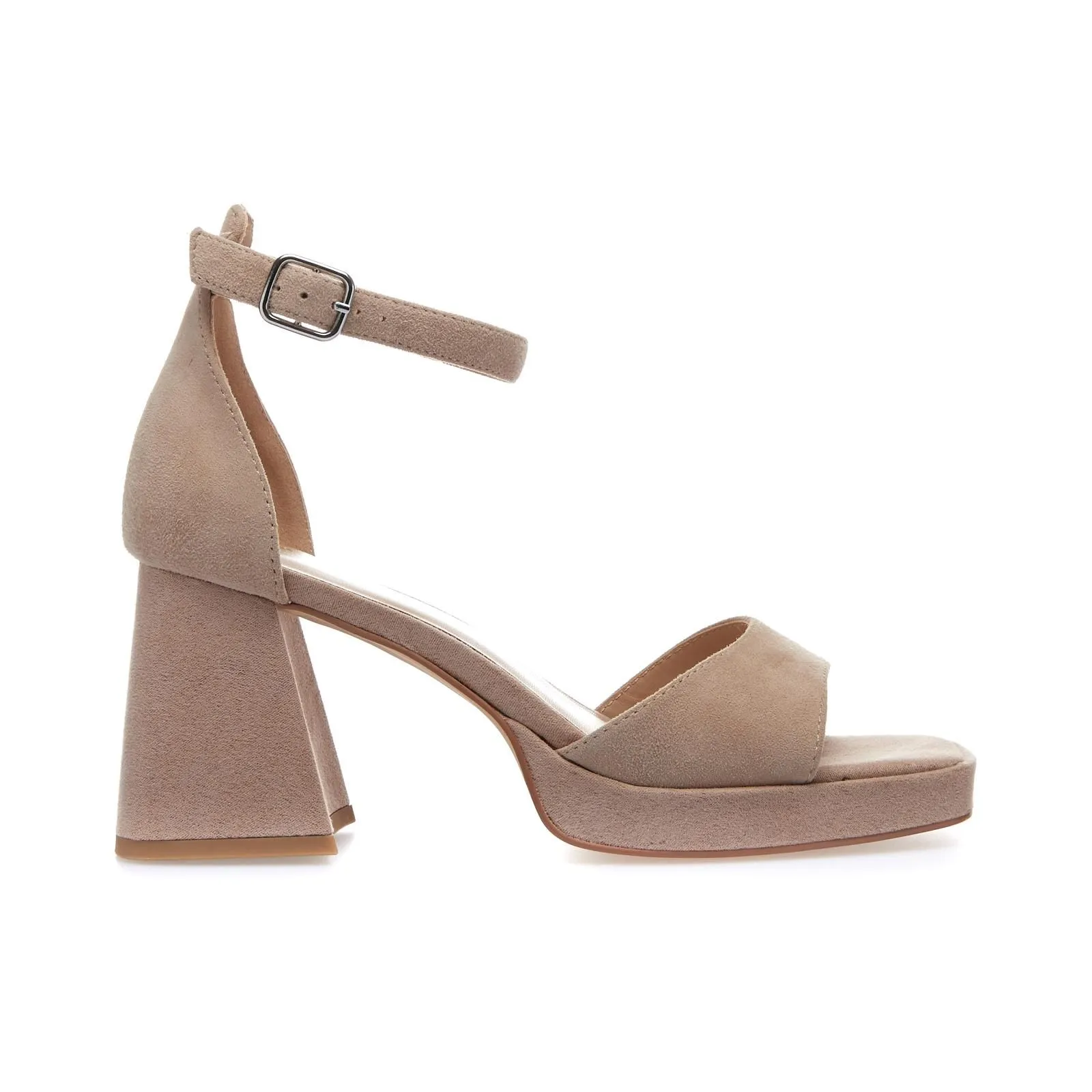 Sandali rosa in suede con tacco alto largo e cinturino