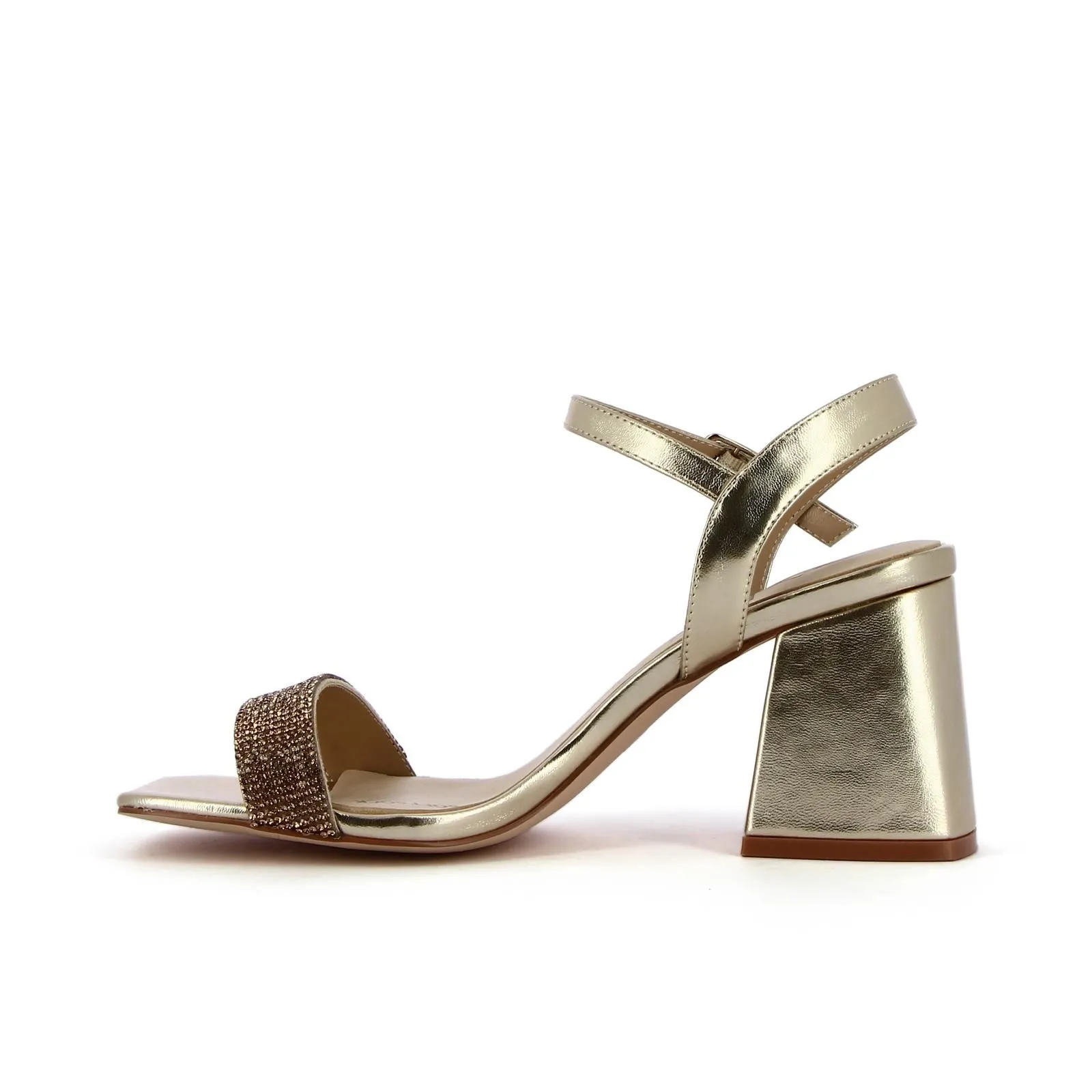 Sandali soft sock oro con tacco medio largo e strass