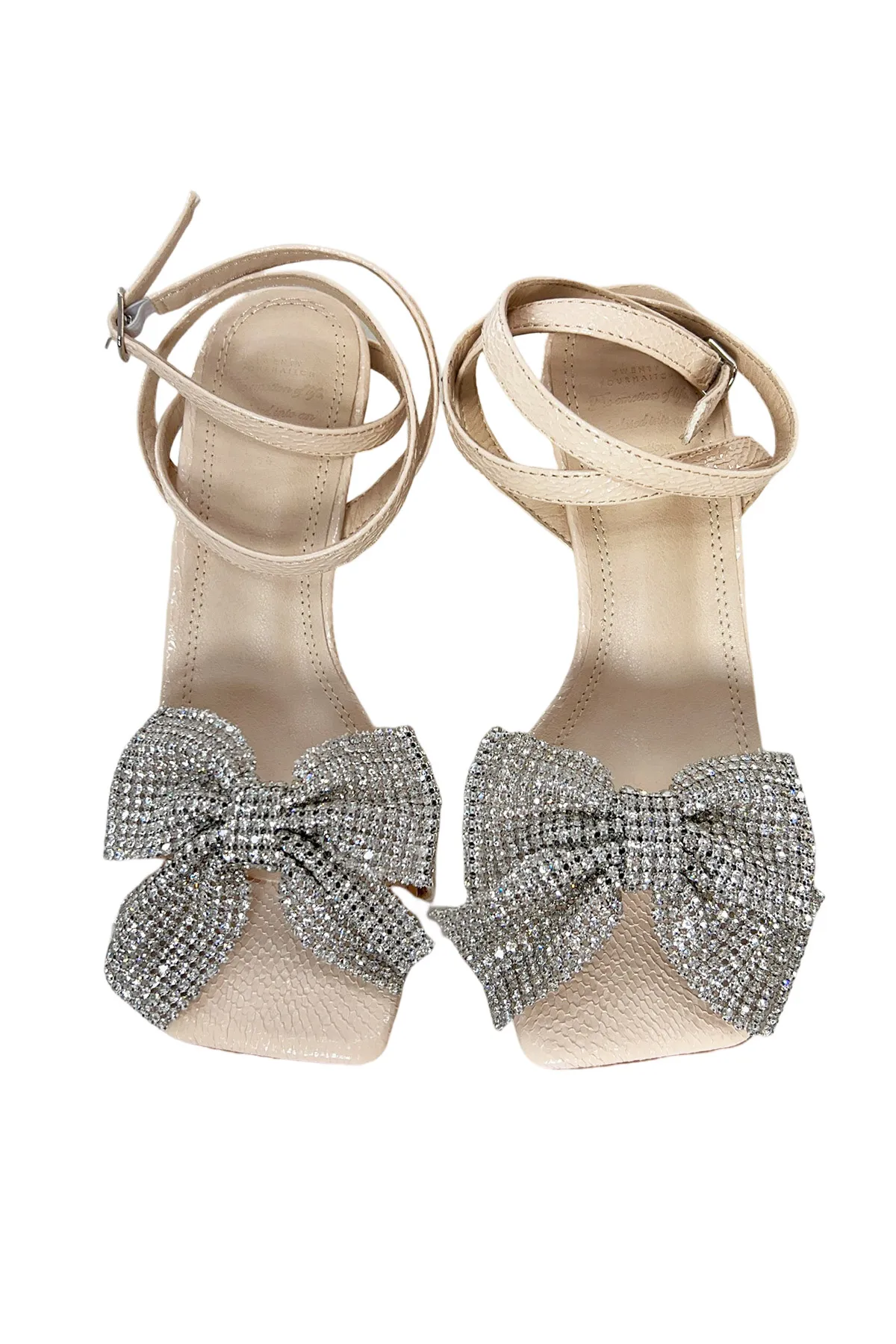 Sandalo donna nude con dettaglio fiocco di strass e bracciale regolabile