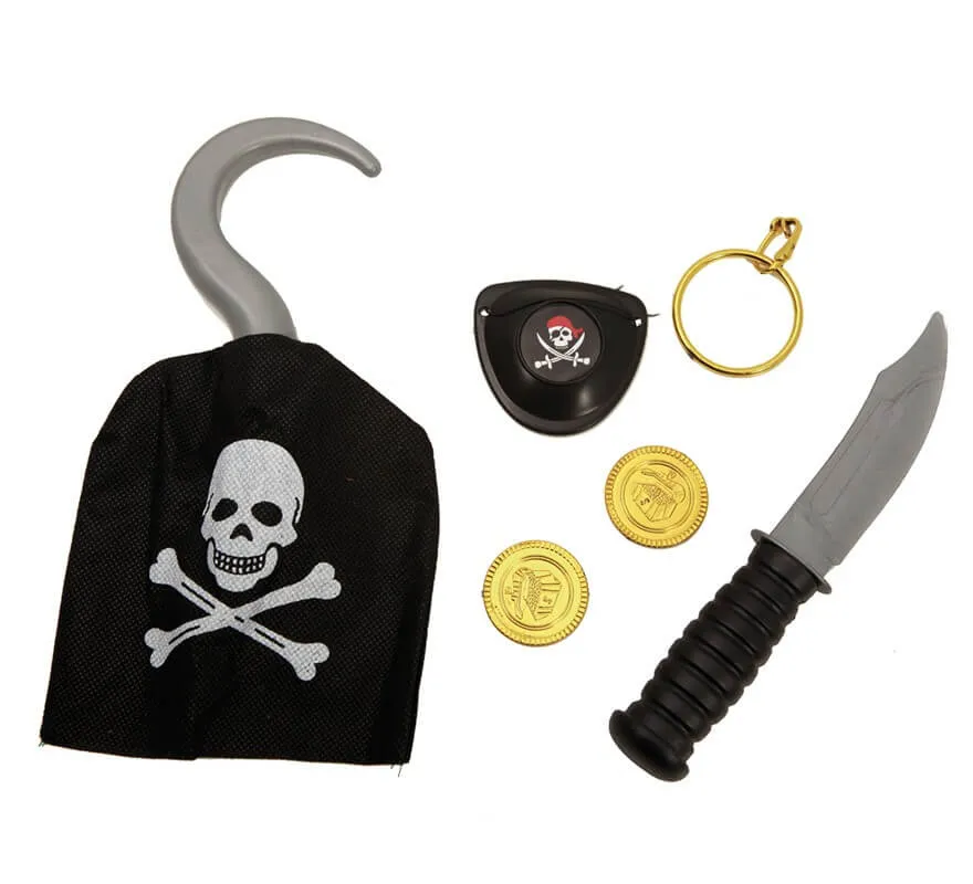 Set pirata: gancio, coltello, monete, orecchini e patch