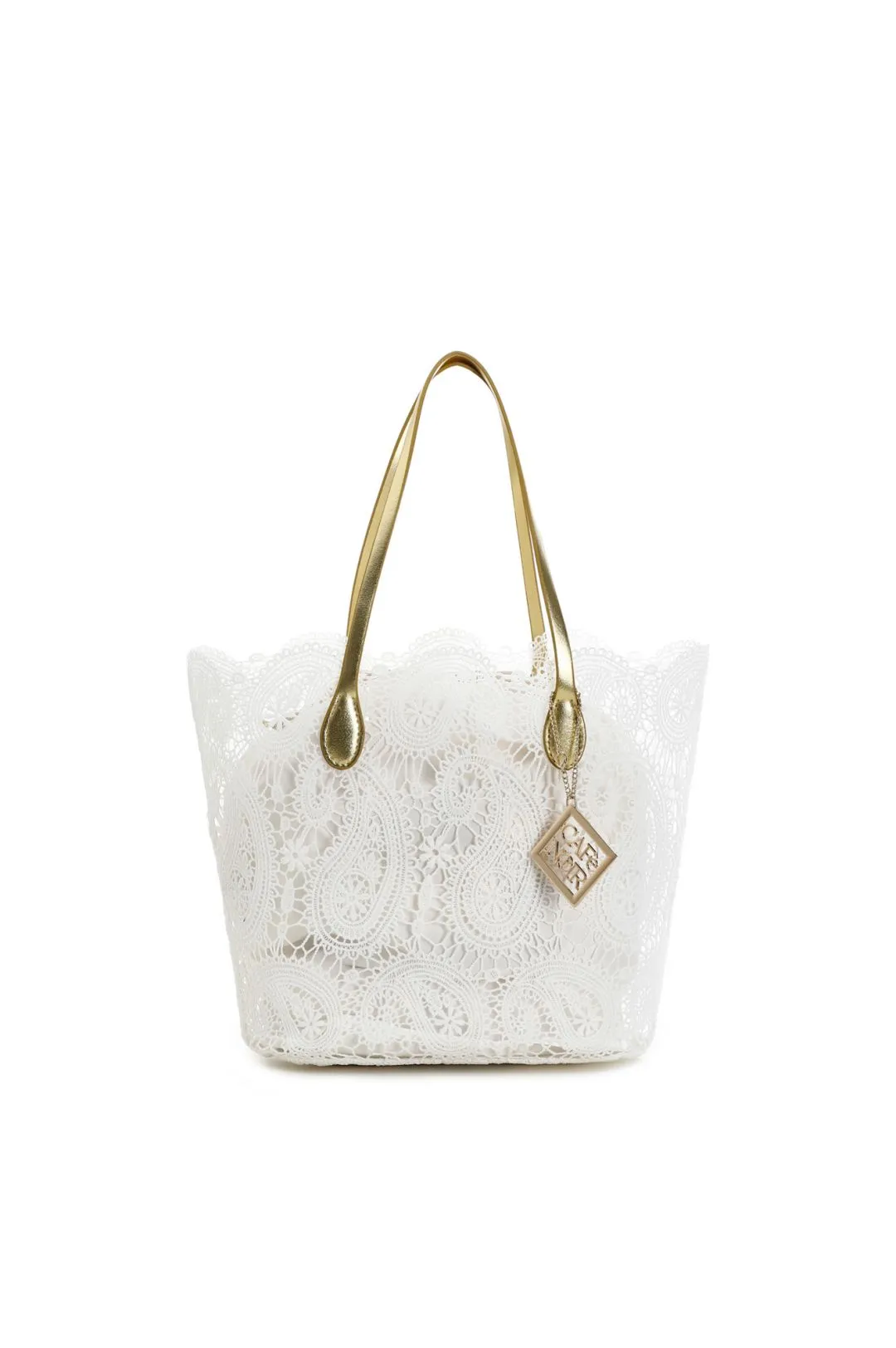shopping bag in pizzo con sacchetto interno in tono bianco