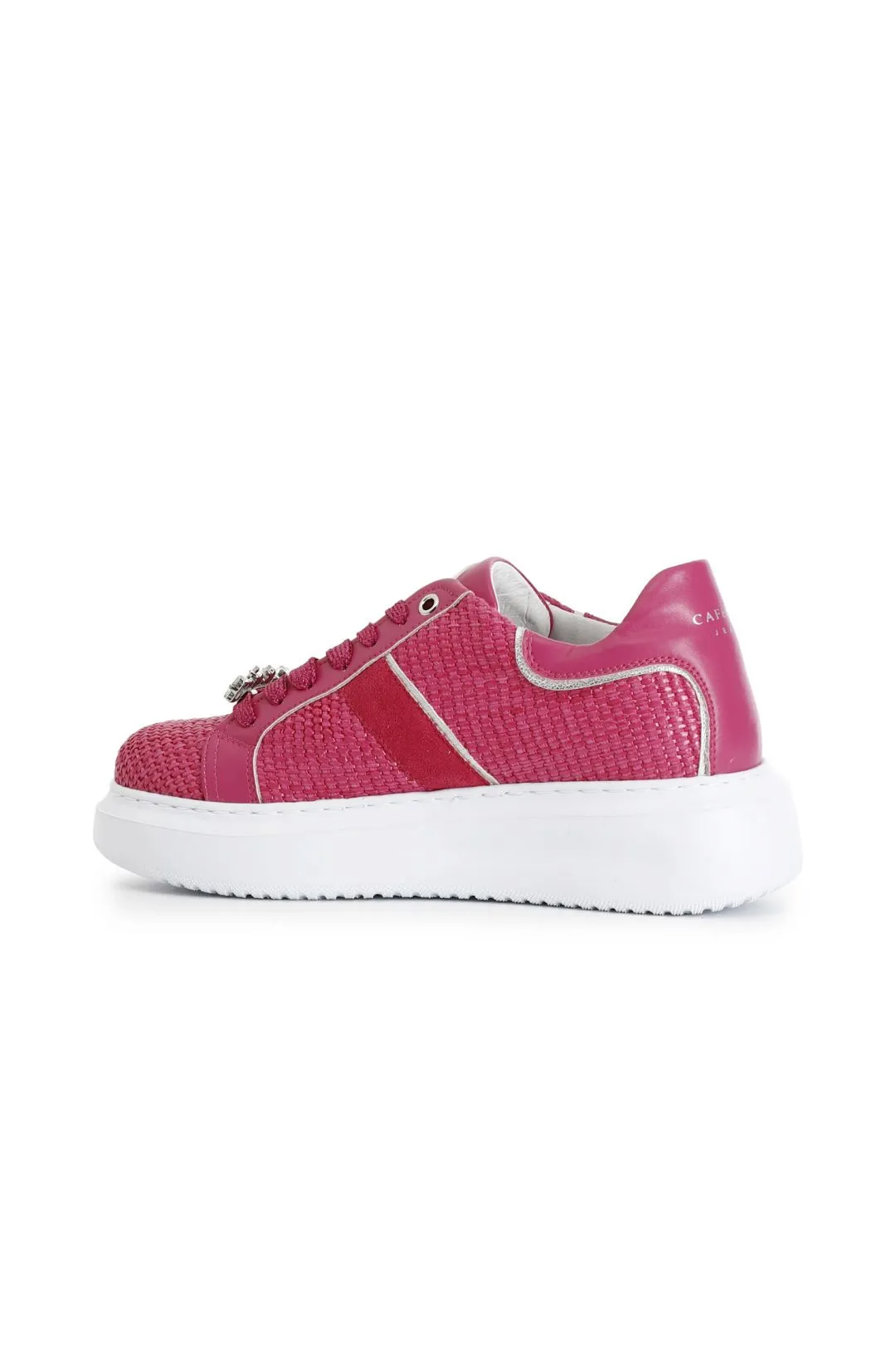 sneakers in rafia con strass laterali e accessori gioiello removibili fuxia
