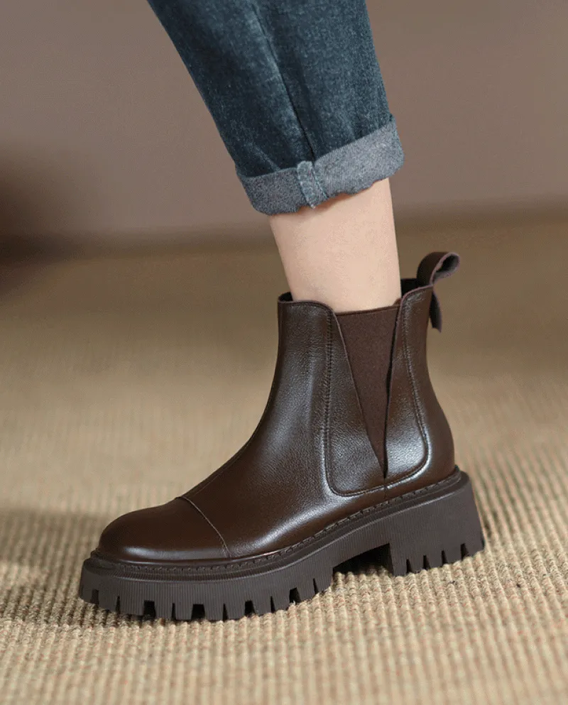 Stivaletti Chelsea da donna con suola spessa marrone retrò stile autunno e inverno all'ingrosso, punta tonda elastica corta, spe