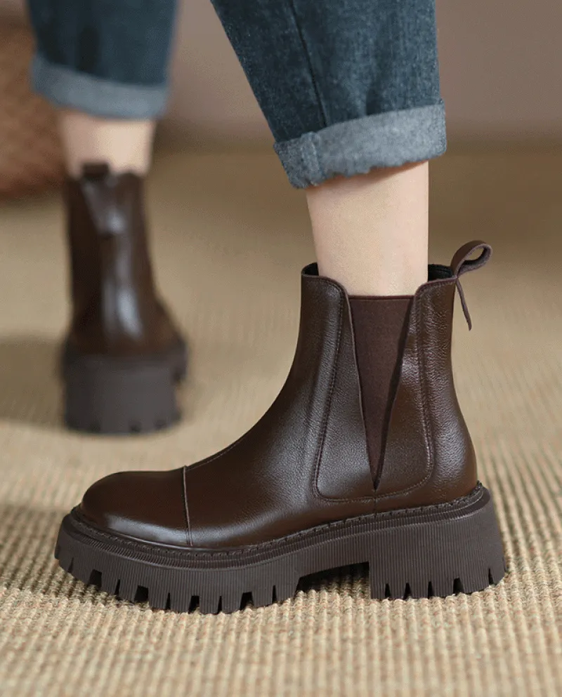 Stivaletti Chelsea da donna con suola spessa marrone retrò stile autunno e inverno all'ingrosso, punta tonda elastica corta, spe