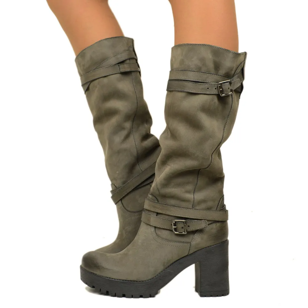 Stivali Donna in Nabuk Grigi con Cavigliera Made in Italy