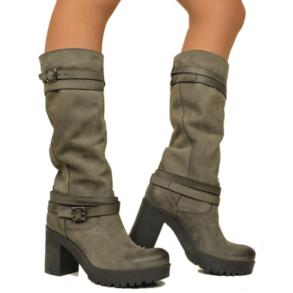 Stivali Donna in Nabuk Grigi con Cavigliera Made in Italy