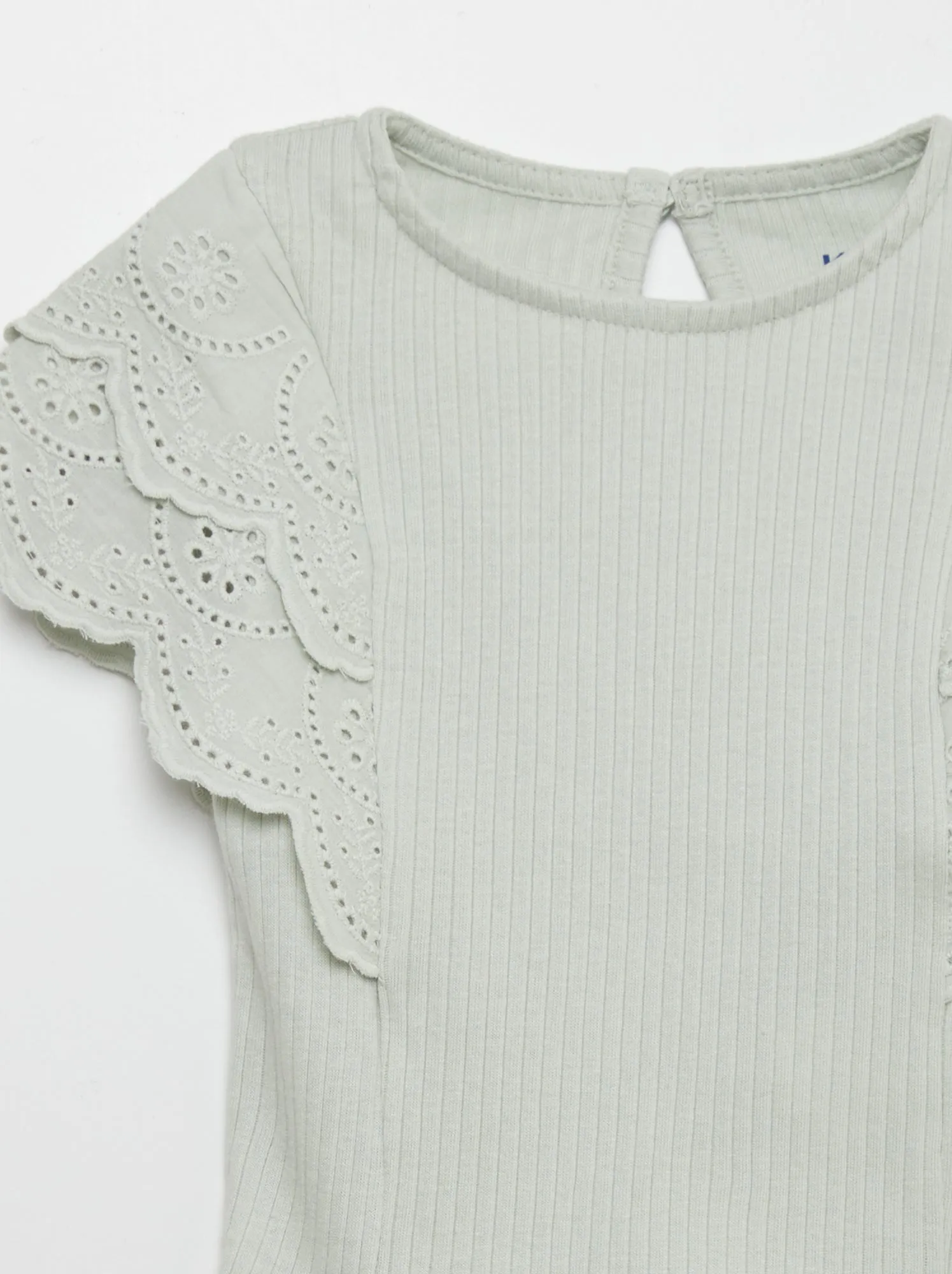 T-shirt a coste con ricamo a punto inglese - BLU