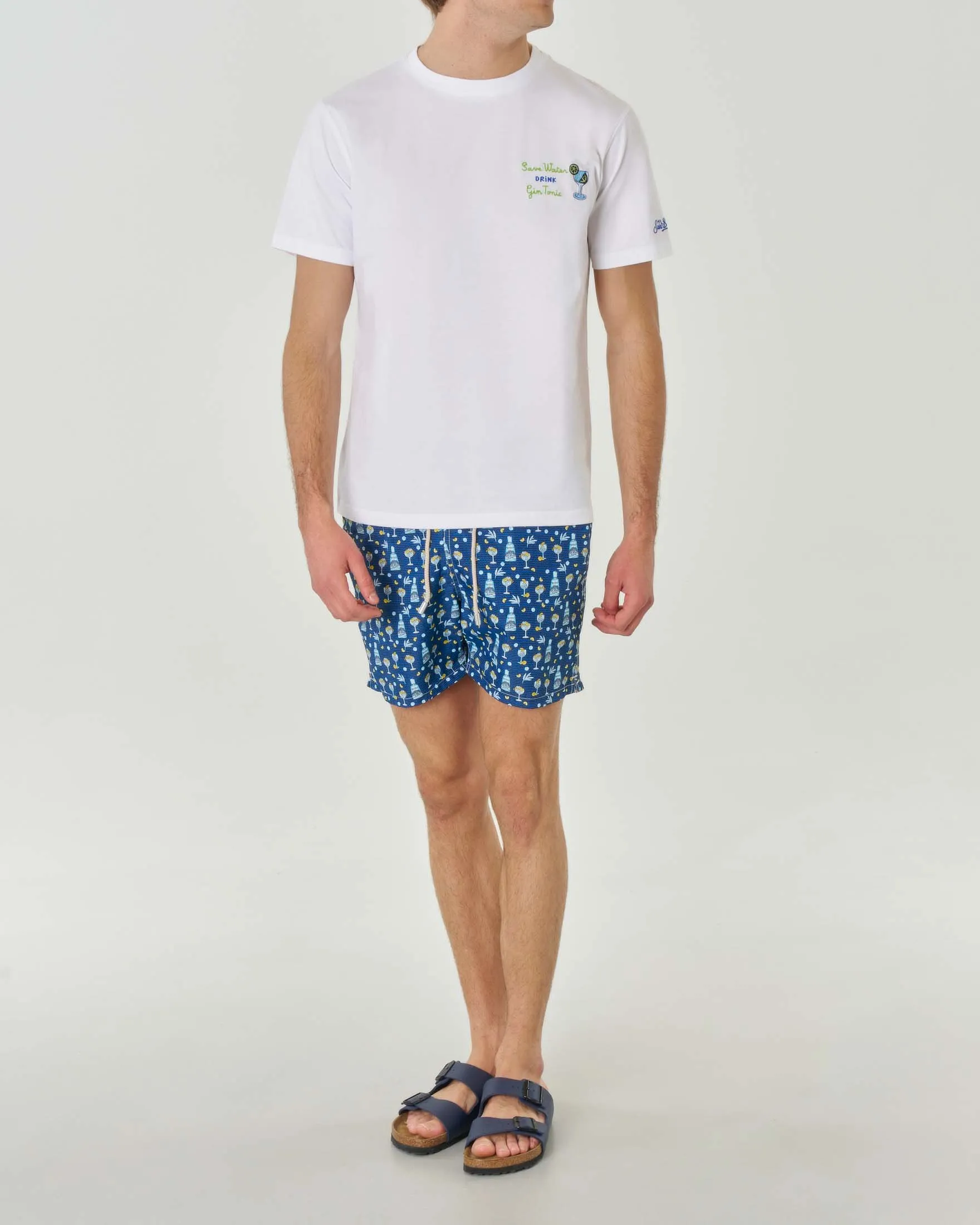 T-shirt bianca mezza manica in cotone con stampa e ricamo Gin Tonic sul petto