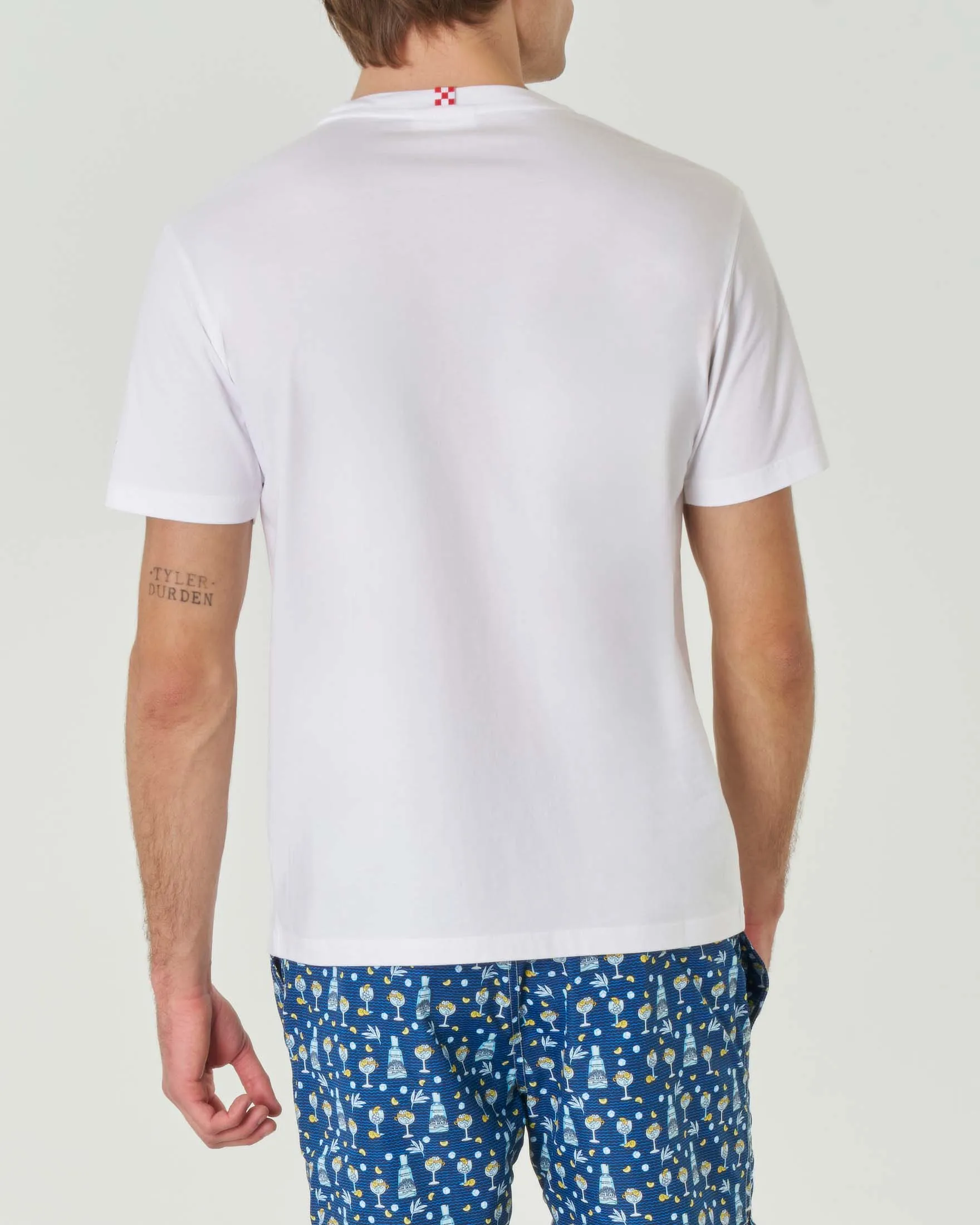 T-shirt bianca mezza manica in cotone con stampa e ricamo Gin Tonic sul petto