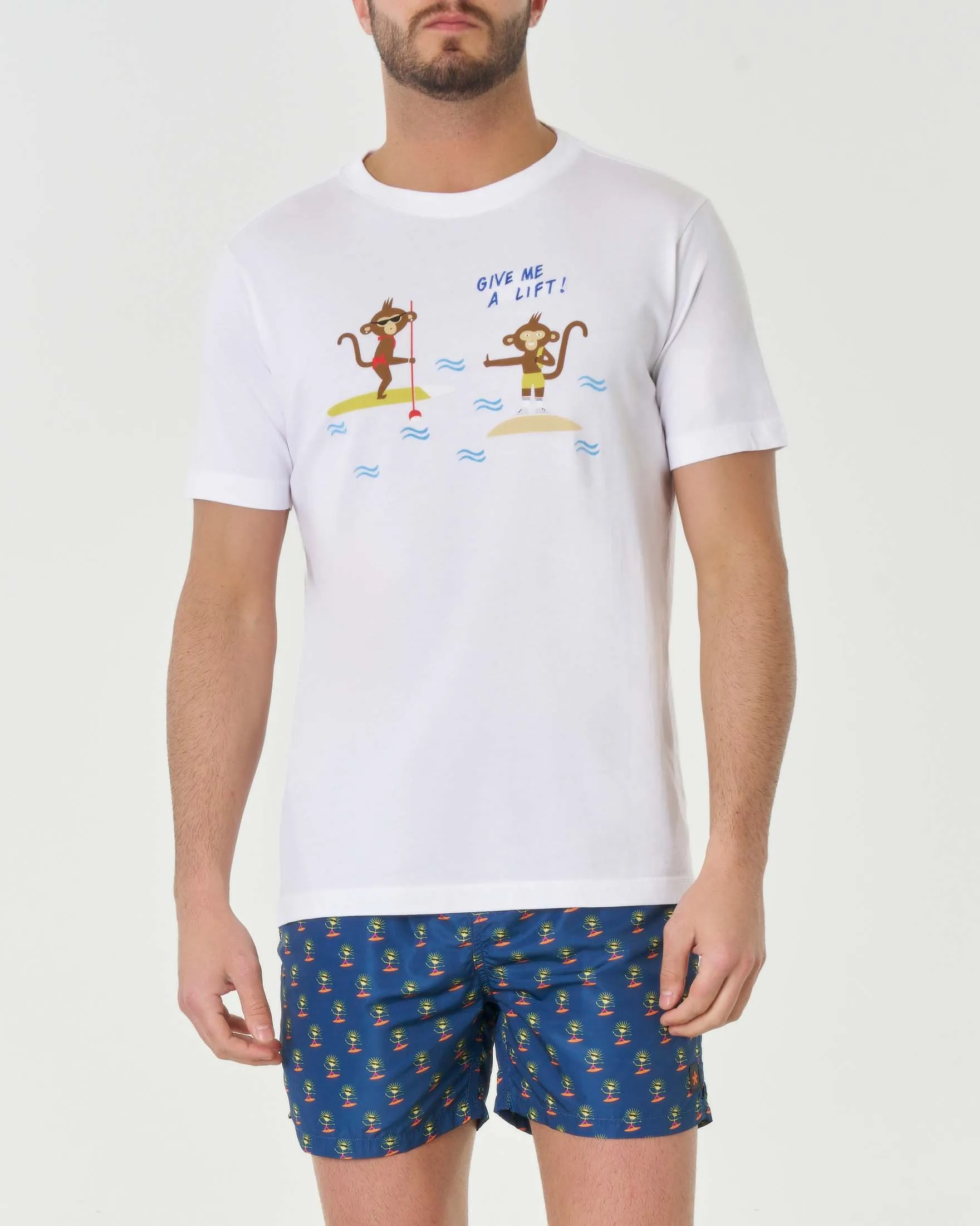 T-shirt bianca mezza manica in pima cotton con ricamo Give me a lift! e stampa scimmiette