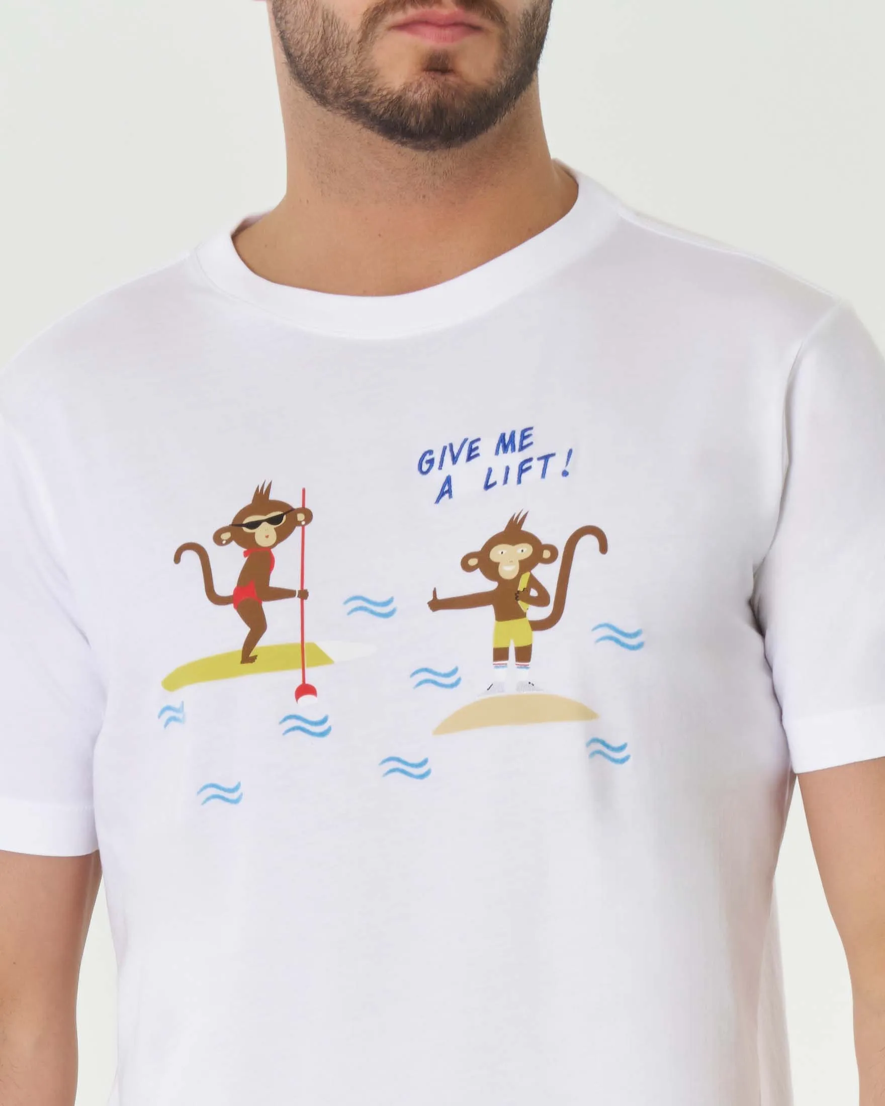 T-shirt bianca mezza manica in pima cotton con ricamo Give me a lift! e stampa scimmiette
