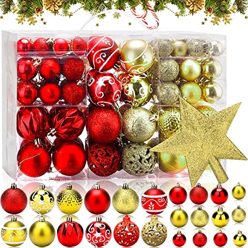 VIPNAJI Palline di Natale 101pz Palline Natalizie Decorazioni Albero di Natale Palla Palline decorative Rosso e Oro Con Cima del