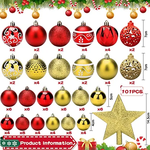 VIPNAJI Palline di Natale 101pz Palline Natalizie Decorazioni Albero di Natale Palla Palline decorative Rosso e Oro Con Cima del