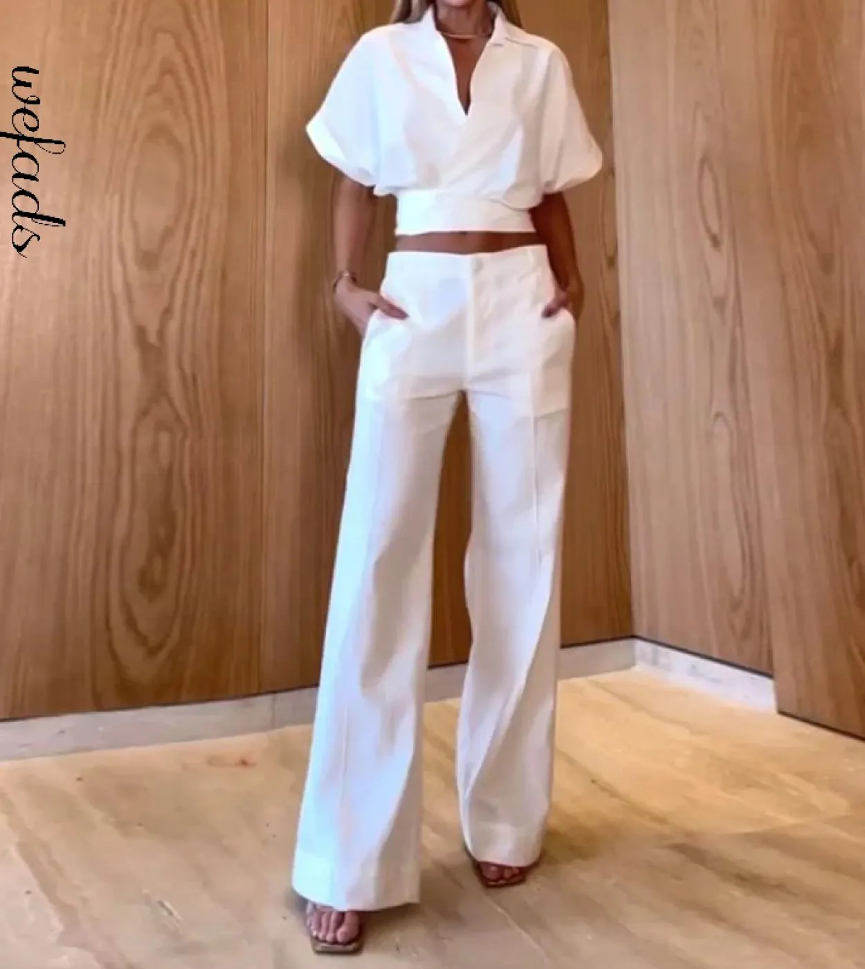 Wafads Set da due pezzi da donna Summer Stylish Casual Solid Risvolto con scollo a V Lace Up Top manica corta Pantaloni larghi S