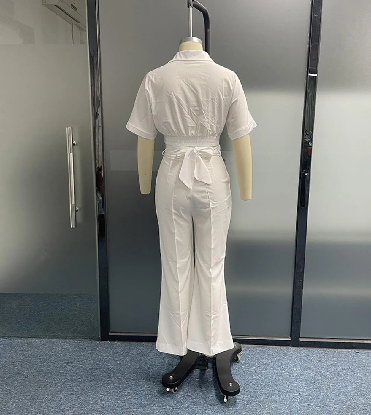 Wafads Set da due pezzi da donna Summer Stylish Casual Solid Risvolto con scollo a V Lace Up Top manica corta Pantaloni larghi S
